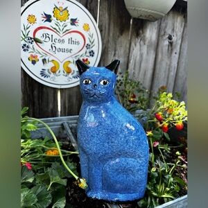 Stylized Blue Cat Sculpture with Glossy Finish